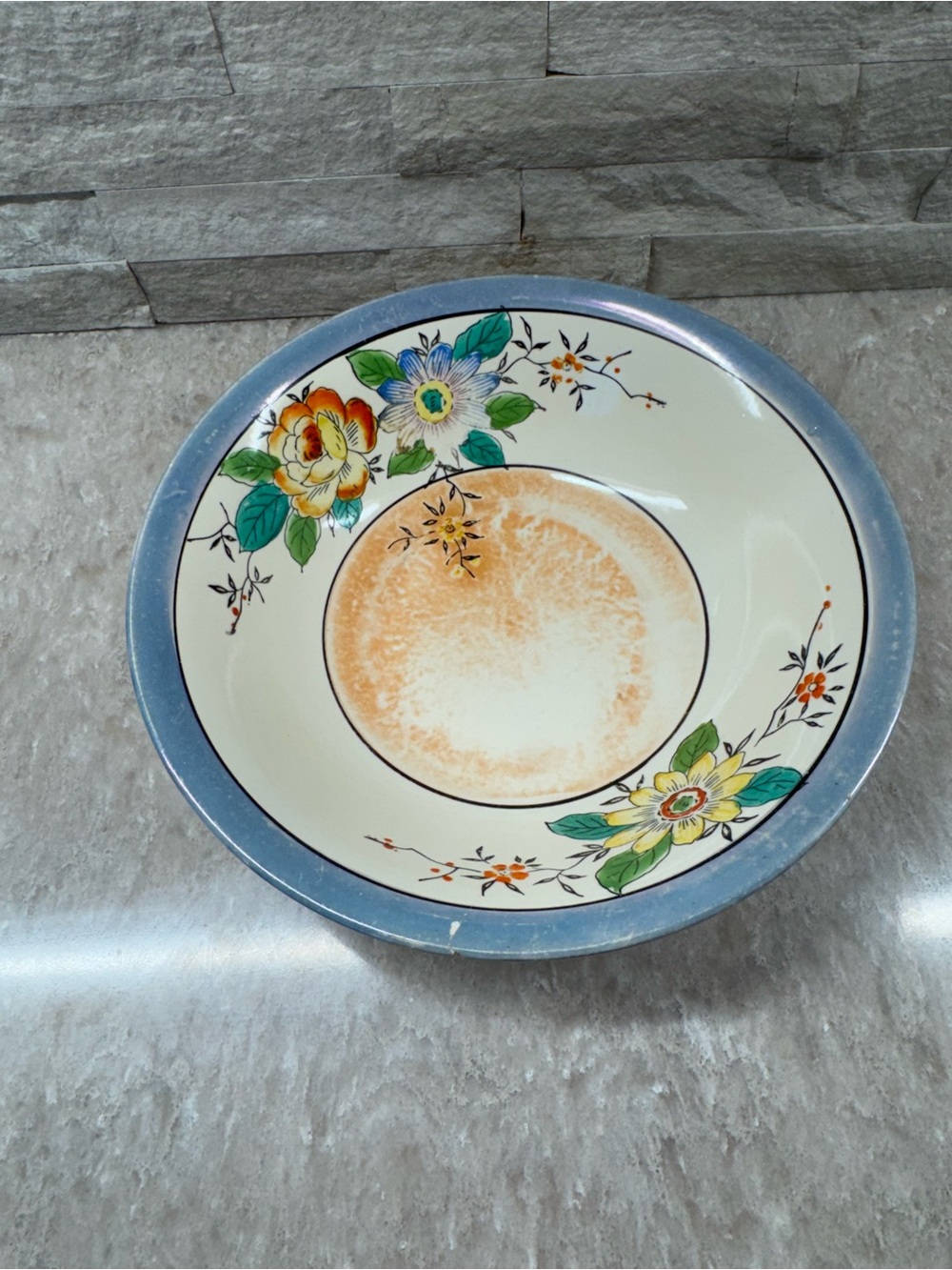 PEACH ORANGE YELLOW FLOWER BLUE TRIM LUSTEWARE BOWL MADE IN JAPAN VINTAGE